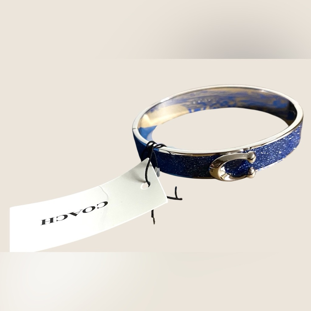 COACH Logo Hinged Bangle Bracelet Blue Sparkle Silver Tone Signature C NWT